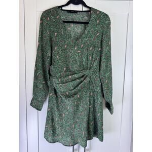 Mango Paisley Wrap Dress Green Boho Mini Long Sleeve Flowy Chic Size S